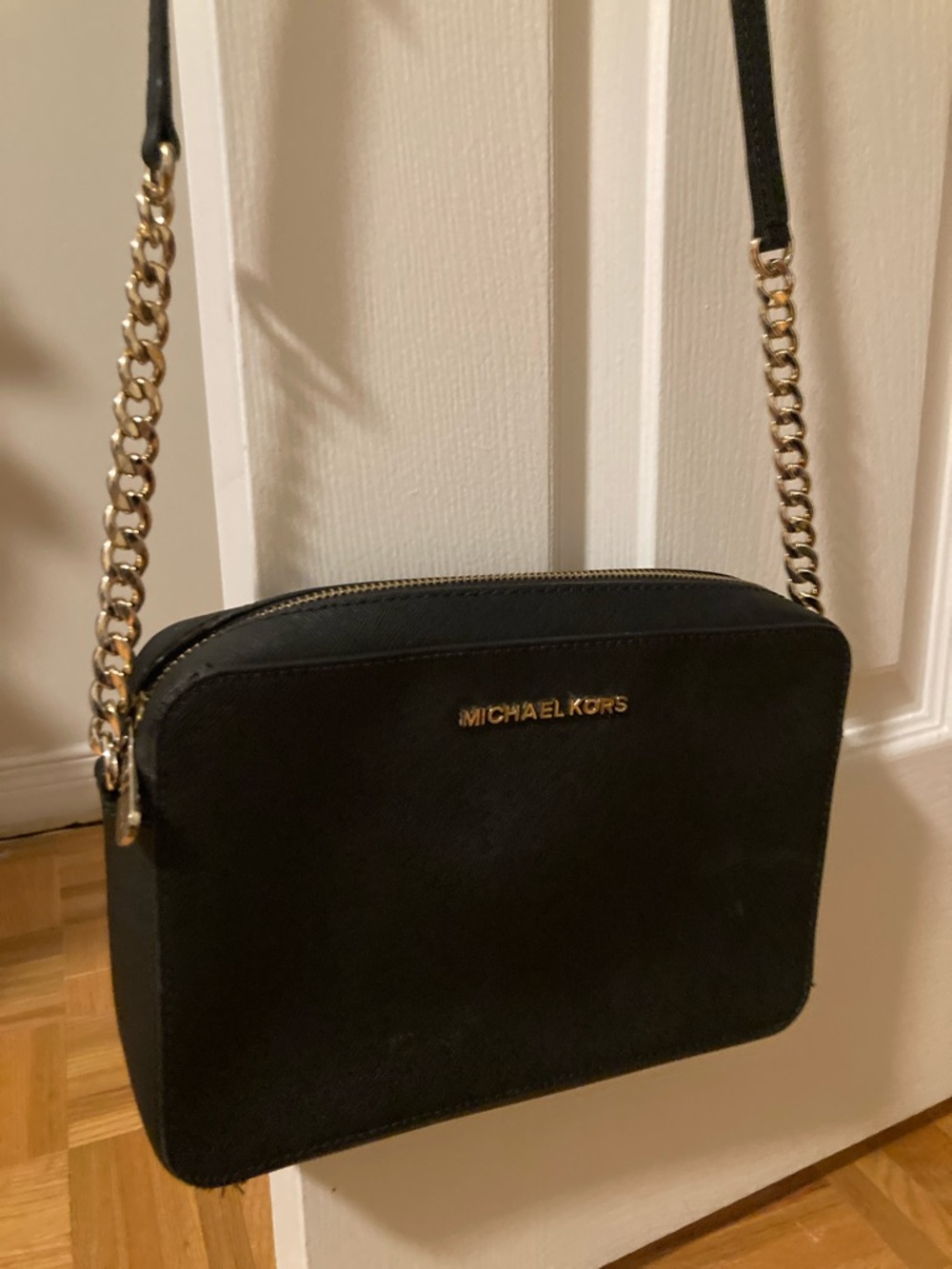 Michael Kors Jet Set Black Saffiano Leather Crossbody with Gold Hardware